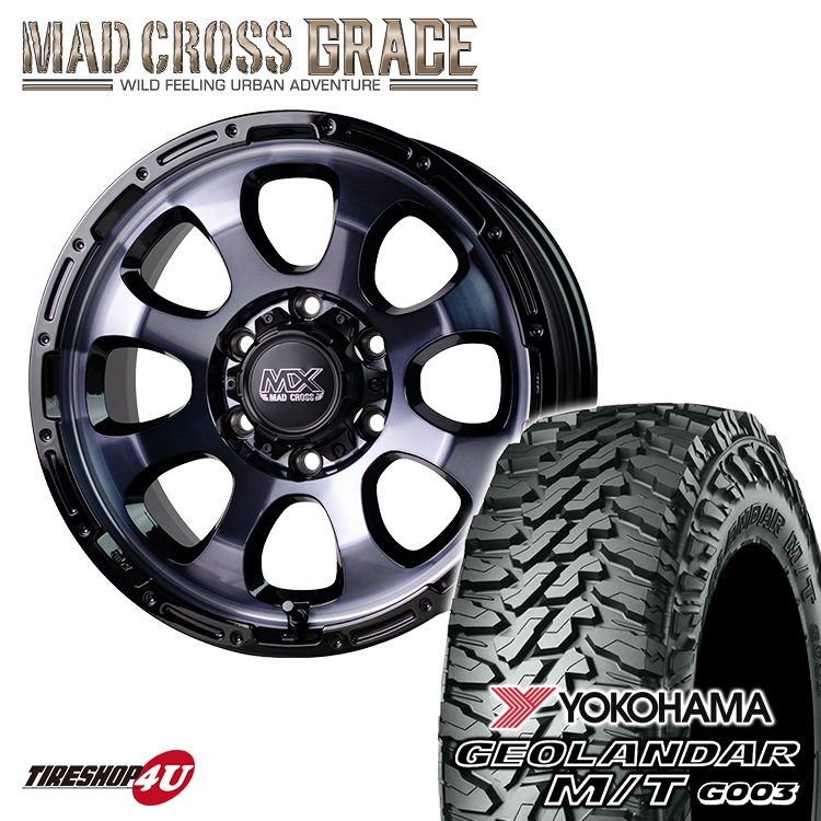 MAD CROSS GRACE 17x8.0J 6/139.7 +20 BKCBK YOKOHAMA GEOLANDAR M/T G003  265/70R17 LT 121/118Q プラド FJクルーザー オフロード 新品 タイヤ＆アルミホイール4本セット